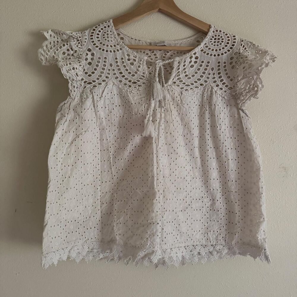 Jennifer & Grace Cream Cotton Eyelet Lace Blouse L Romantic Prairie Cottagecore